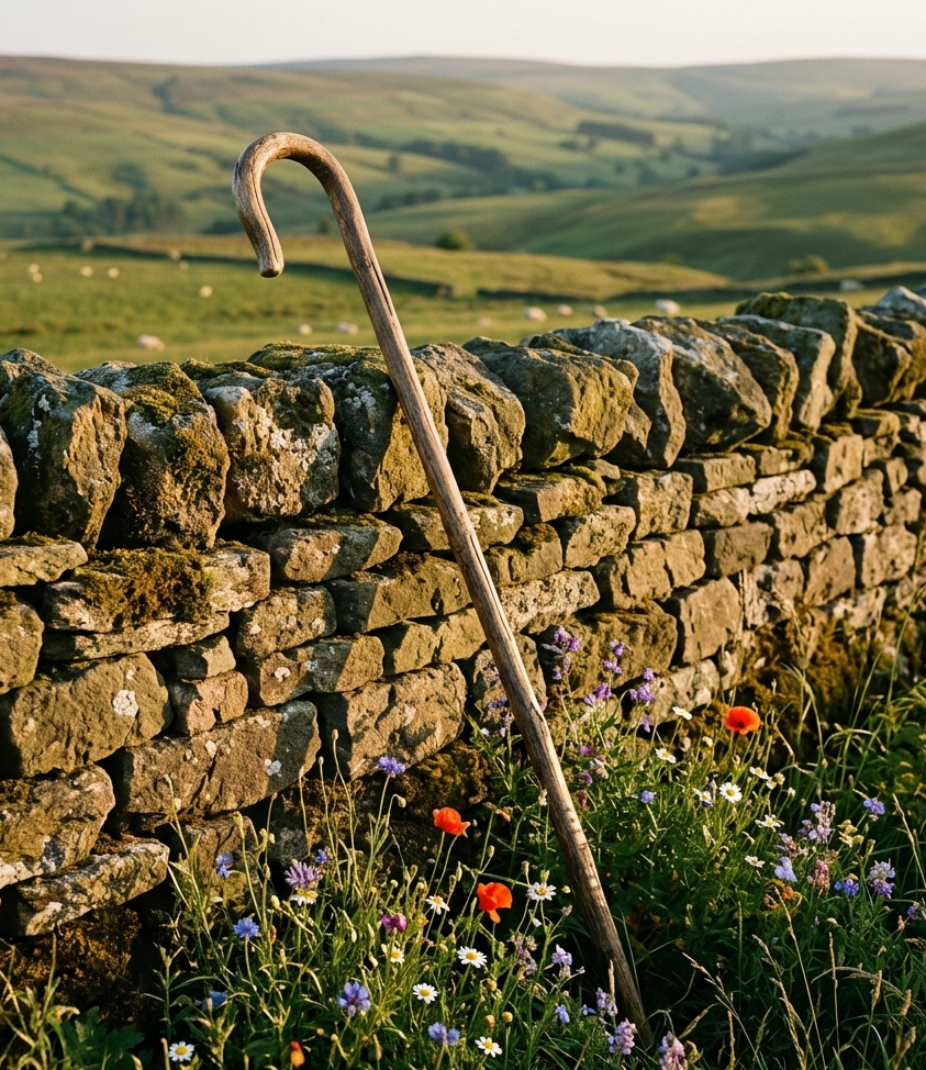 Shepherd's crook and pastoral setting